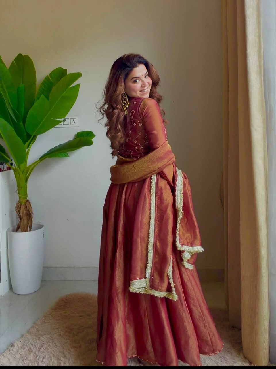 Regal Terracotta Zari-Bodice Anarkali Set